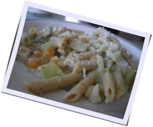 Chicken, Veggies, and Pasta in Cream Sauce