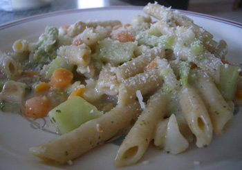 Chicken, Veggies, and Pasta in Cream Sauce